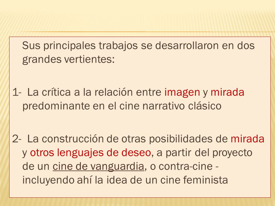 Sus principales trabajos se desarrollaron en dos grandes vertientes: 1- La crítica a la relación entre imagen y mirada predominante en el cine narrativo clásico 2- La construcción de otras posibilidades de mirada y otros lenguajes de deseo, a partir del proyecto de un cine de vanguardia, o contra-cine -incluyendo ahí la idea de un cine feminista