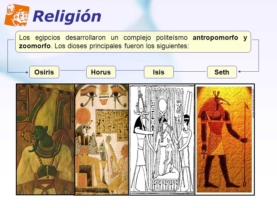 Religión Los egipcios desarrollaron un complejo politeísmo antropomorfo y zoomorfo. Los dioses principales fueron los siguientes: