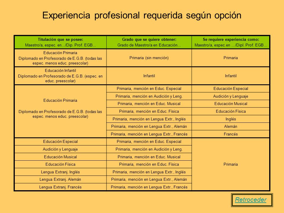 Experiencia profesional requerida según opción