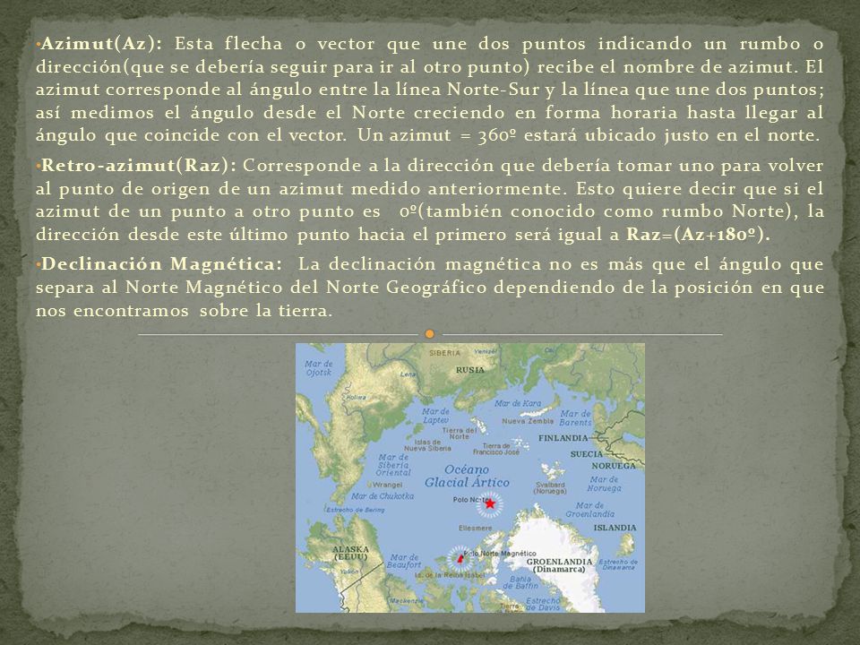 Azimut(Az): Esta flecha o vector que une dos puntos indicando un rumbo o dirección(que se debería seguir para ir al otro punto) recibe el nombre de azimut. El azimut corresponde al ángulo entre la línea Norte-Sur y la línea que une dos puntos; así medimos el ángulo desde el Norte creciendo en forma horaria hasta llegar al ángulo que coincide con el vector. Un azimut = 360º estará ubicado justo en el norte.