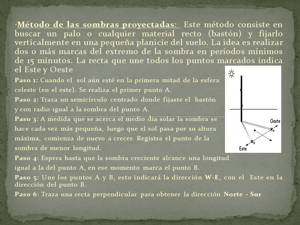 Método de las sombras proyectadas: Este método consiste en buscar un palo o cualquier material recto (bastón) y fijarlo verticalmente en una pequeña planicie del suelo. La idea es realizar dos o más marcas del extremo de la sombra en periodos mínimos de 15 minutos. La recta que une todos los puntos marcados indica el Este y Oeste