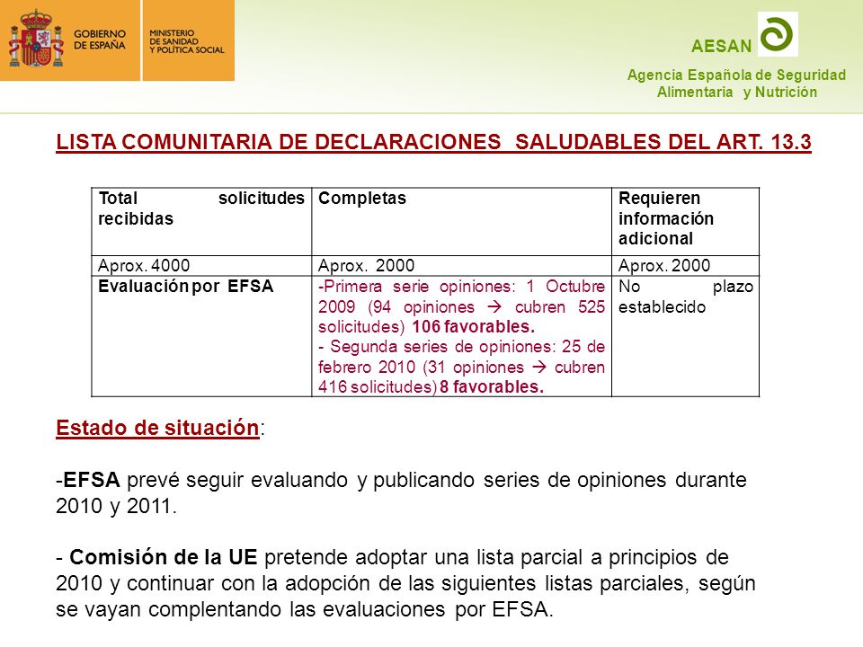 LISTA COMUNITARIA DE DECLARACIONES SALUDABLES DEL ART. 13.3