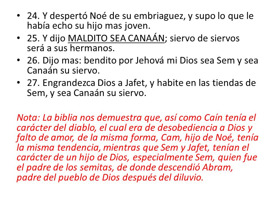 24. Y despertó Noé de su embriaguez, y supo lo que le había echo su hijo mas joven.