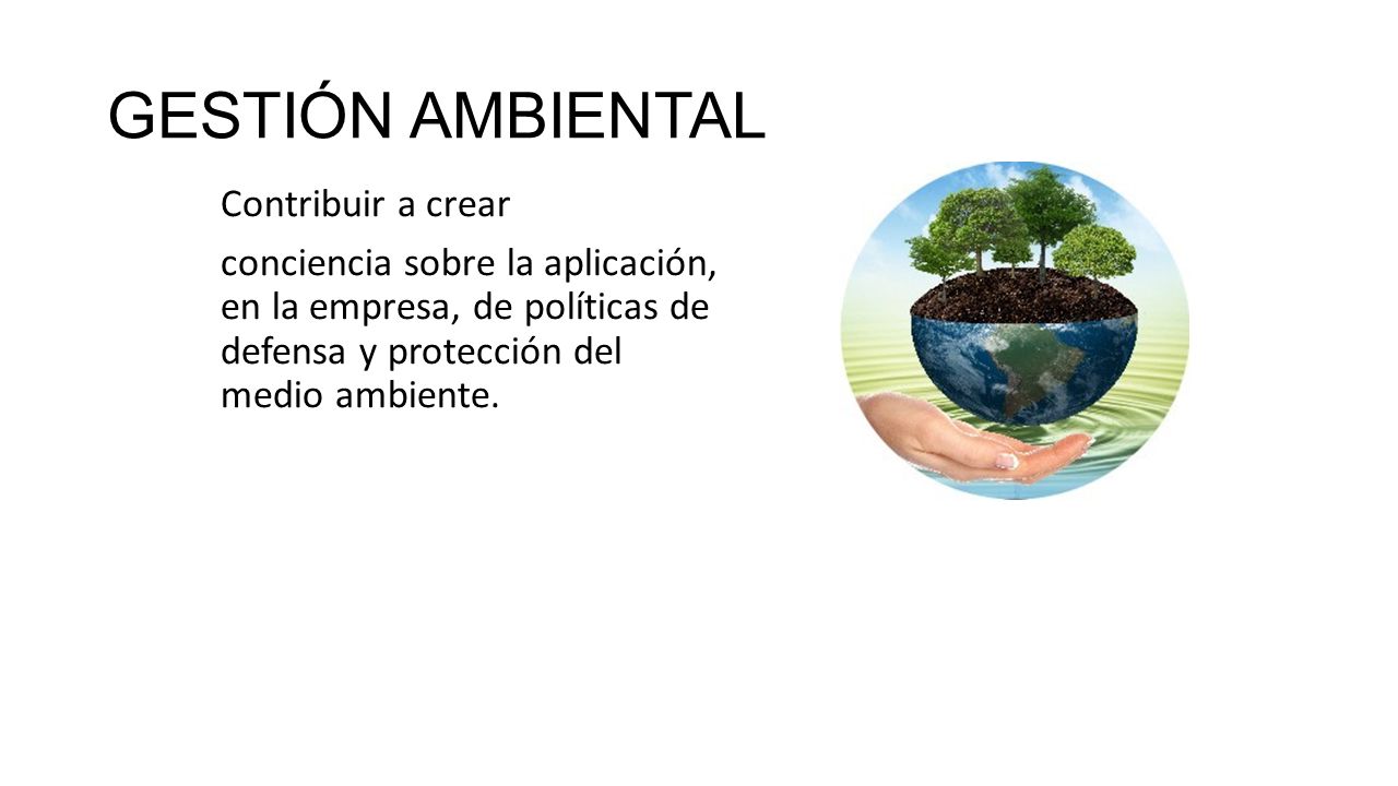 GESTIÓN AMBIENTAL Contribuir a crear conciencia sobre la aplicación, en la empresa, de políticas de defensa y protección del medio ambiente.