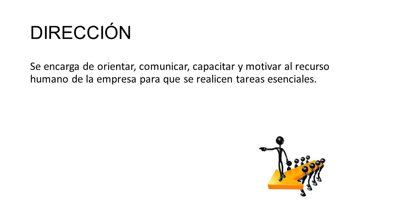 DIRECCIÓN Se encarga de orientar, comunicar, capacitar y motivar al recurso humano de la empresa para que se realicen tareas esenciales.