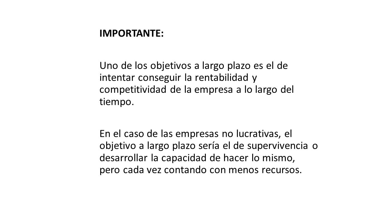 IMPORTANTE: Uno de los objetivos a largo plazo es el de intentar conseguir la rentabilidad y competitividad de la empresa a lo largo del tiempo.