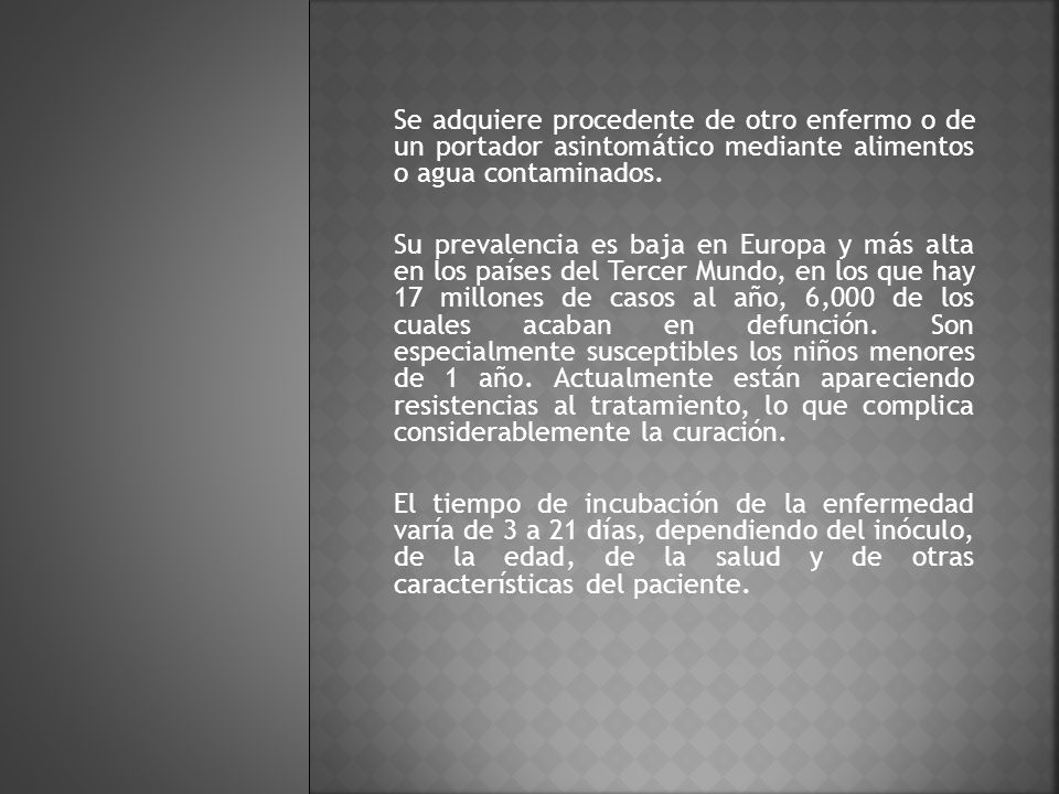 Se adquiere procedente de otro enfermo o de un portador asintomático mediante alimentos o agua contaminados.