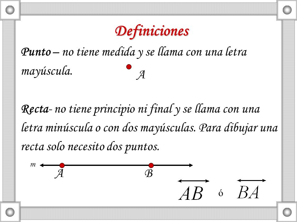 Definiciones Punto – no tiene medida y se llama con una letra