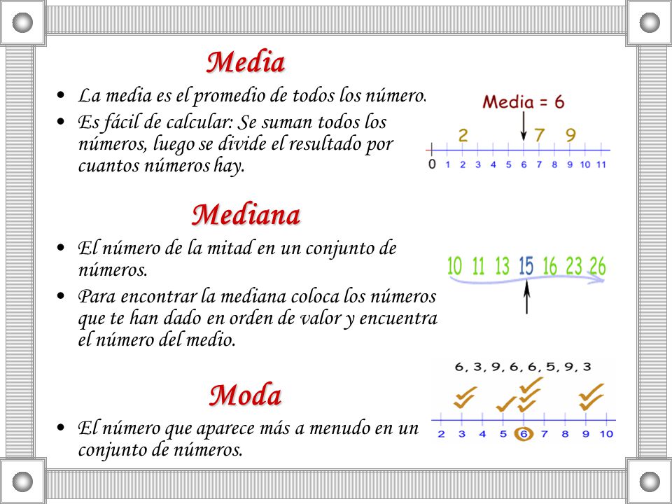 Media Mediana Moda La media es el promedio de todos los números.