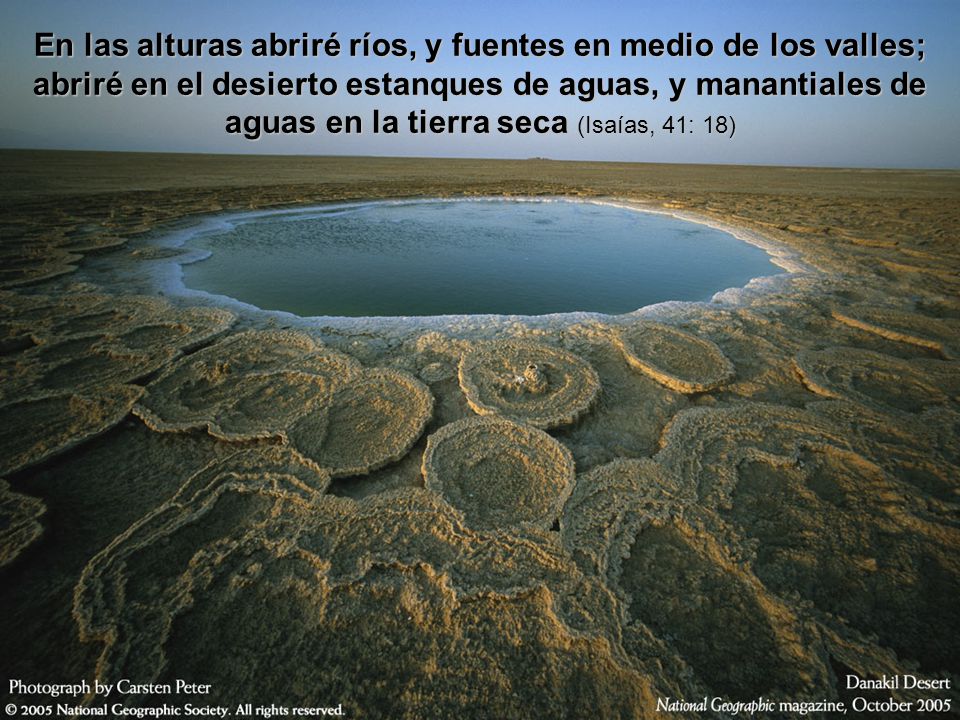 En las alturas abriré ríos, y fuentes en medio de los valles; abriré en el desierto estanques de aguas, y manantiales de aguas en la tierra seca (Isaías, 41: 18)