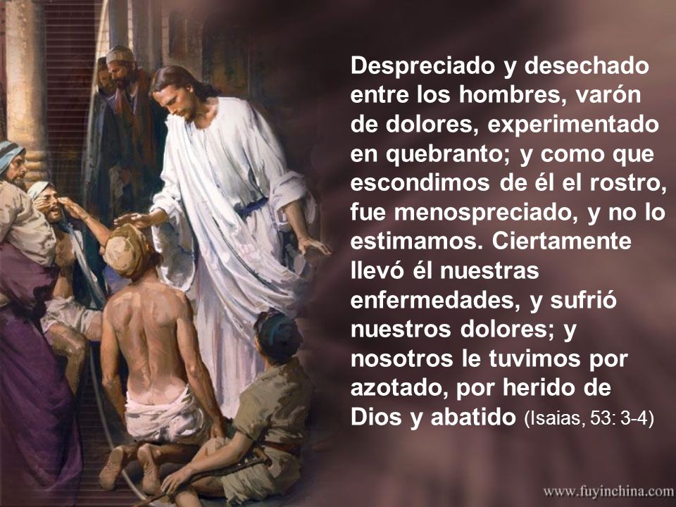 Despreciado y desechado entre los hombres, varón de dolores, experimentado en quebranto; y como que escondimos de él el rostro, fue menospreciado, y no lo estimamos. Ciertamente llevó él nuestras enfermedades, y sufrió nuestros dolores; y nosotros le tuvimos por azotado, por herido de Dios y abatido (Isaias, 53: 3-4)