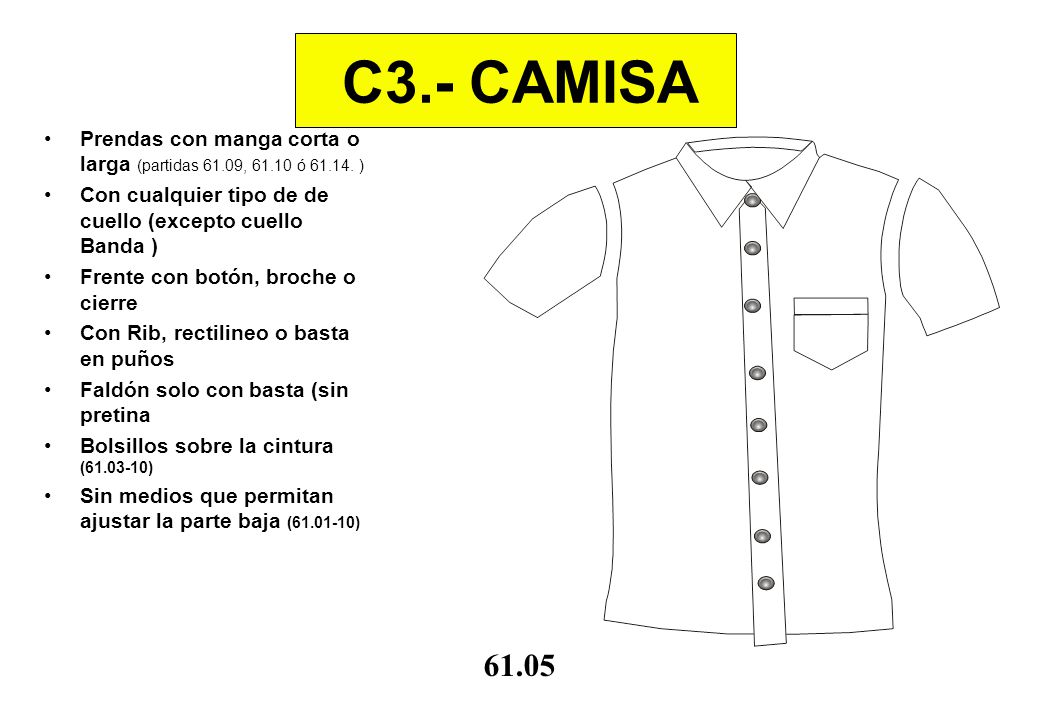 C3.- CAMISA Prendas con manga corta o larga (partidas 61.09, ó ) Con cualquier tipo de de cuello (excepto cuello Banda )