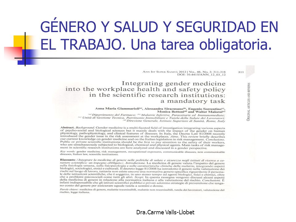 GÉNERO Y SALUD Y SEGURIDAD EN EL TRABAJO. Una tarea obligatoria.