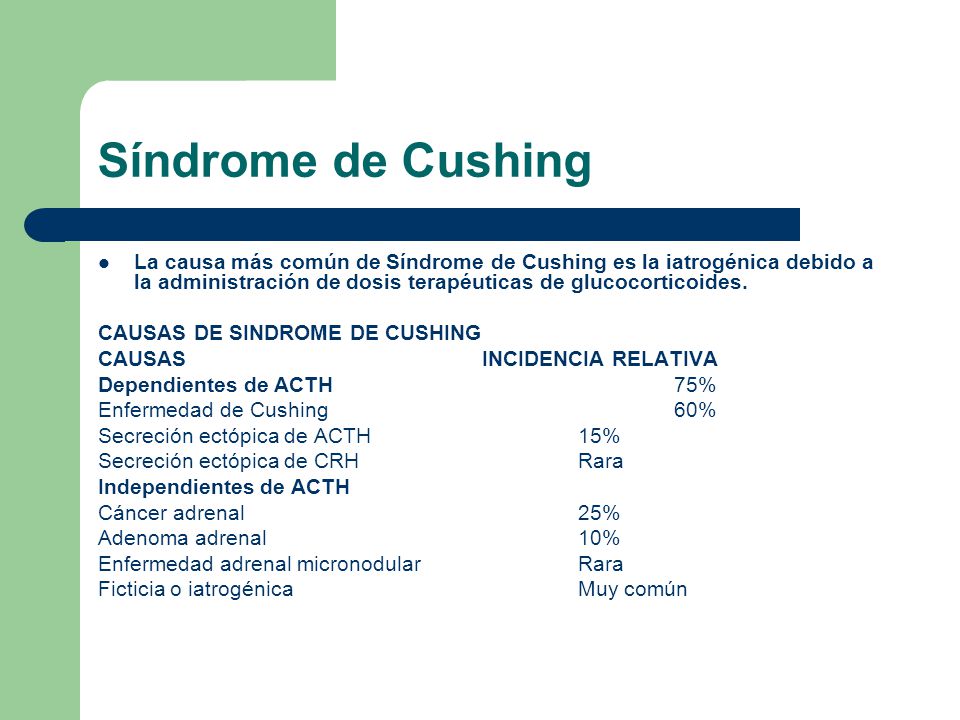 Síndrome de Cushing La causa más común de Síndrome de Cushing es la iatrogénica debido a la administración de dosis terapéuticas de glucocorticoides.