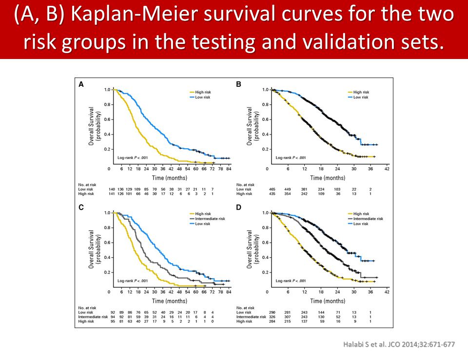(A, B) Kaplan-Meier survival curves for the two risk groups in the testing and validation sets.