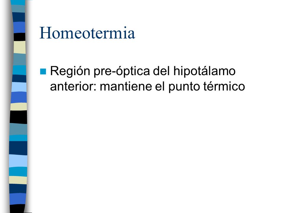 Homeotermia Región pre-óptica del hipotálamo anterior: mantiene el punto térmico