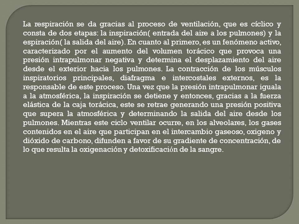 La respiración se da gracias al proceso de ventilación, que es cíclico y consta de dos etapas: la inspiración( entrada del aire a los pulmones) y la espiración( la salida del aire).