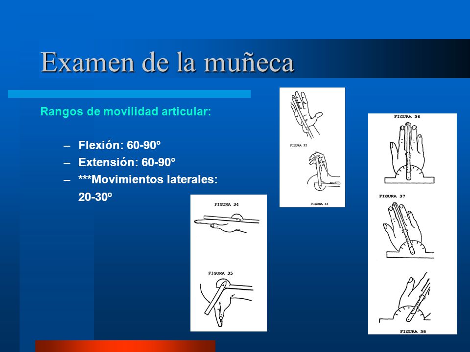 Examen de la muñeca Rangos de movilidad articular: Flexión: 60-90°