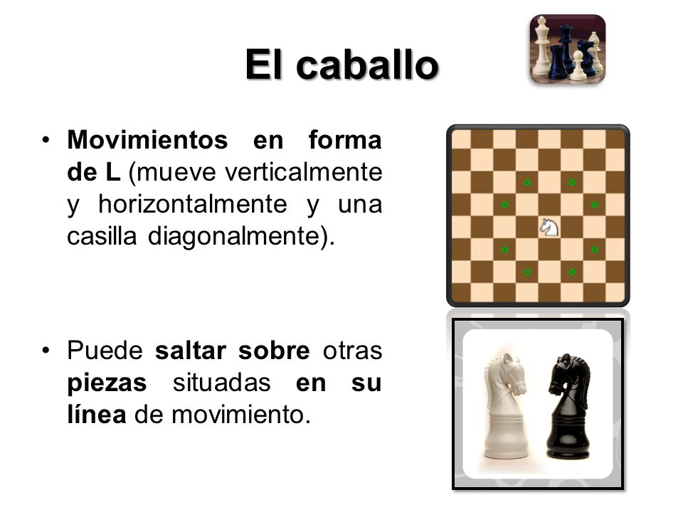 El caballo Movimientos en forma de L (mueve verticalmente y horizontalmente y una casilla diagonalmente).