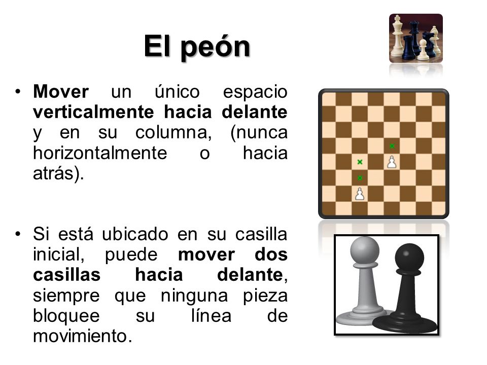 El peón Mover un único espacio verticalmente hacia delante y en su columna, (nunca horizontalmente o hacia atrás).