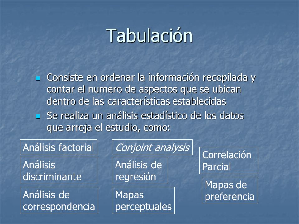 Tabulación Consiste en ordenar la información recopilada y contar el numero de aspectos que se ubican dentro de las características establecidas.