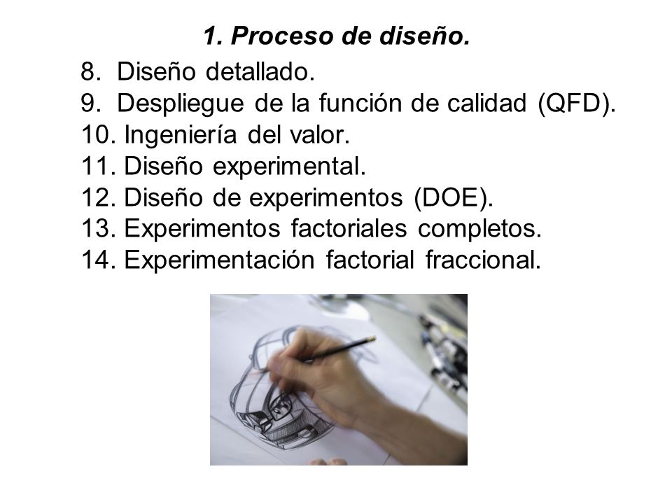 1. Proceso de diseño. 8. Diseño detallado. 9. Despliegue de la función de calidad (QFD). 10. Ingeniería del valor.