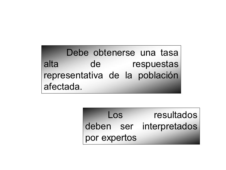 Debe obtenerse una tasa alta de respuestas representativa de la población afectada.