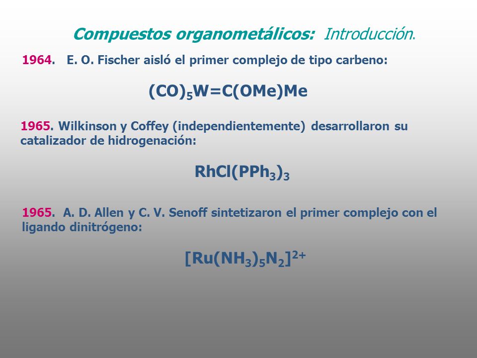 1964. E. O. Fischer aisló el primer complejo de tipo carbeno: