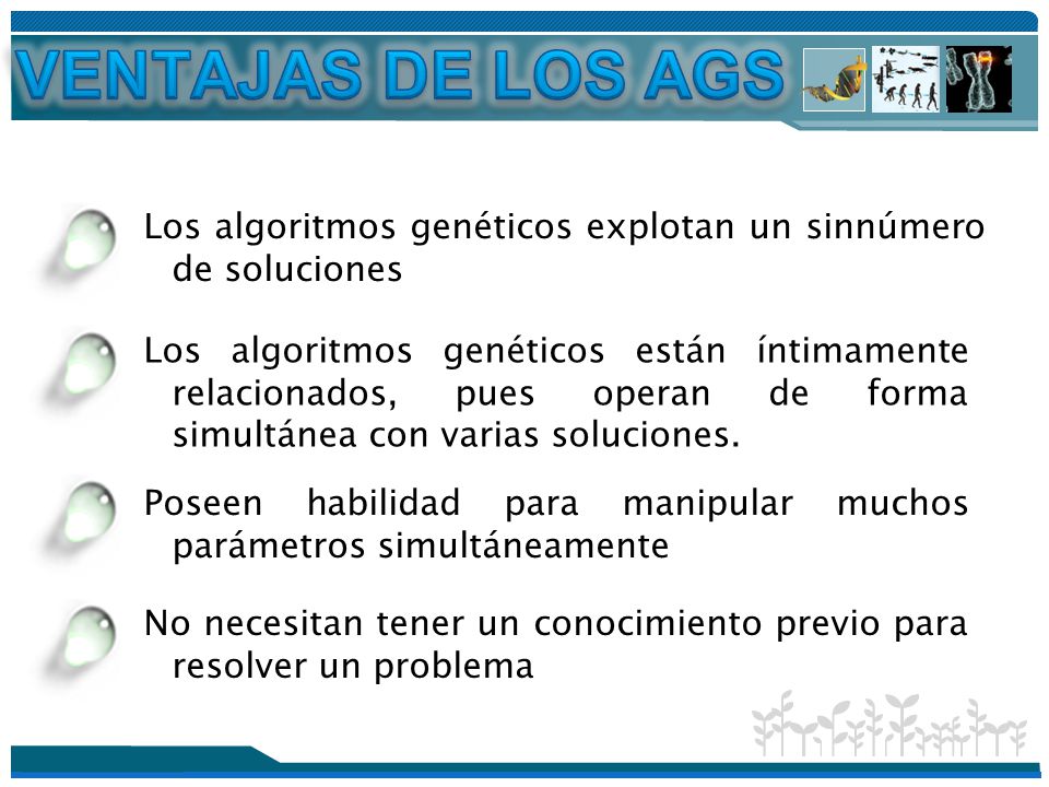 VENTAJAS DE LOS AGS Los algoritmos genéticos explotan un sinnúmero de soluciones.