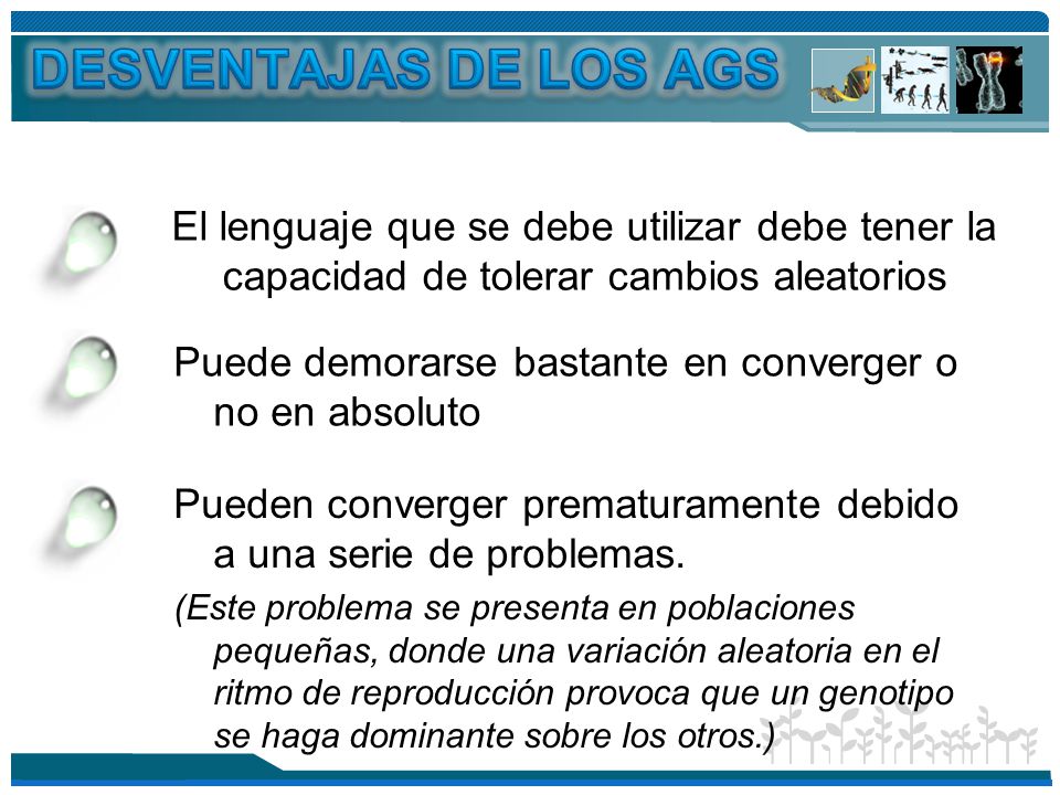 DESVENTAJAS DE LOS AGS El lenguaje que se debe utilizar debe tener la capacidad de tolerar cambios aleatorios.