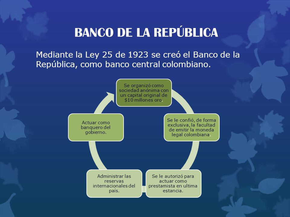 BANCO DE LA REPÚBLICA Mediante la Ley 25 de 1923 se creó el Banco de la República, como banco central colombiano.