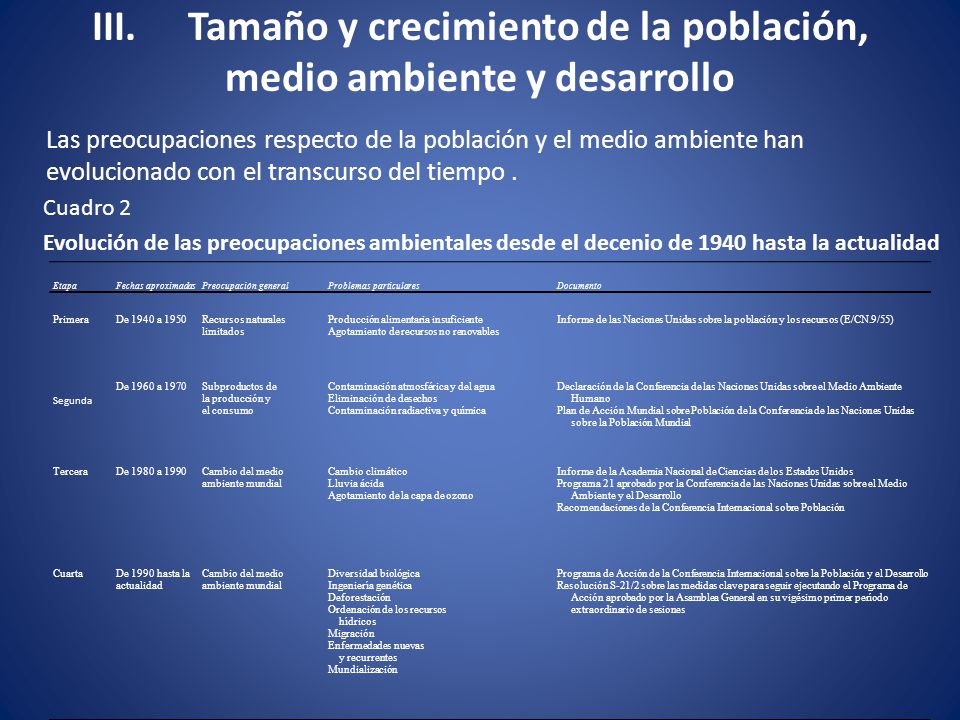 III. Tamaño y crecimiento de la población, medio ambiente y desarrollo