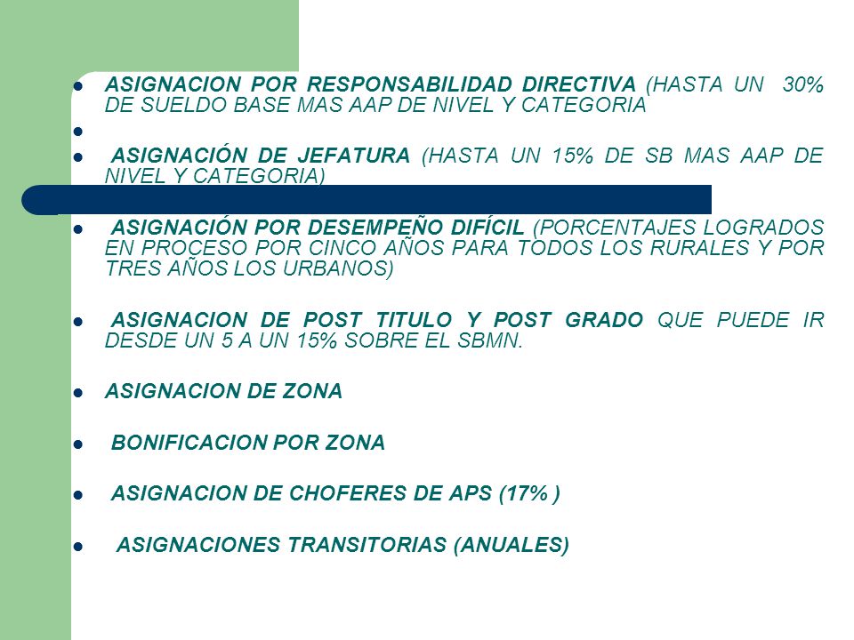 ASIGNACION POR RESPONSABILIDAD DIRECTIVA (HASTA UN 30% DE SUELDO BASE MAS AAP DE NIVEL Y CATEGORIA