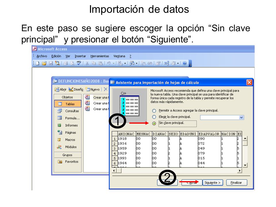 Importación de datos En este paso se sugiere escoger la opción Sin clave principal y presionar el botón Siguiente .