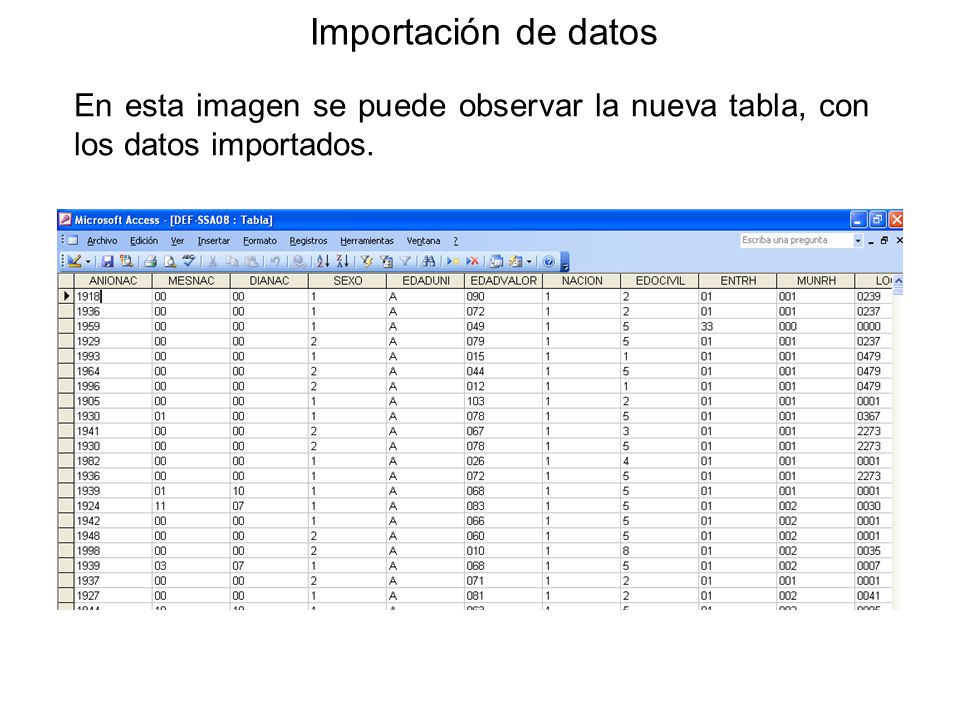 Importación de datos En esta imagen se puede observar la nueva tabla, con los datos importados.