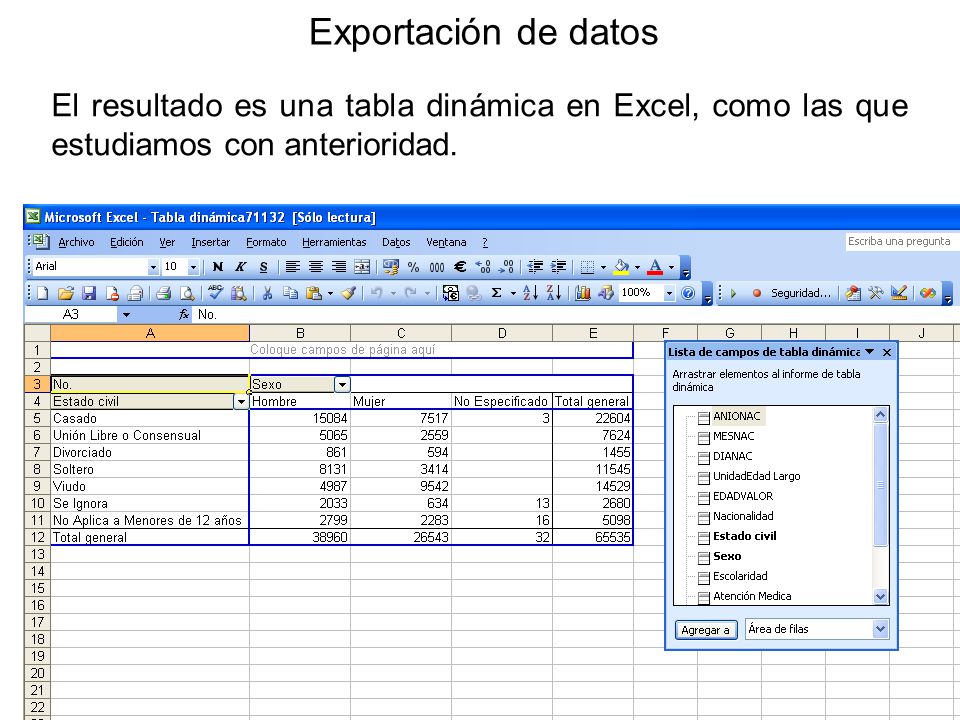 Exportación de datos El resultado es una tabla dinámica en Excel, como las que estudiamos con anterioridad.