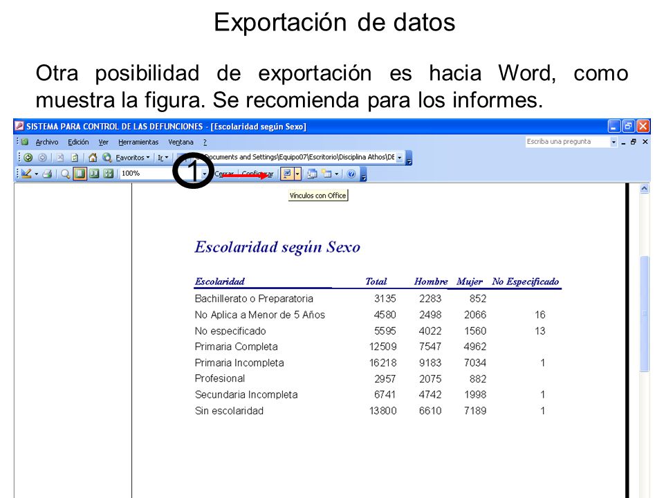 Exportación de datos Otra posibilidad de exportación es hacia Word, como muestra la figura. Se recomienda para los informes.