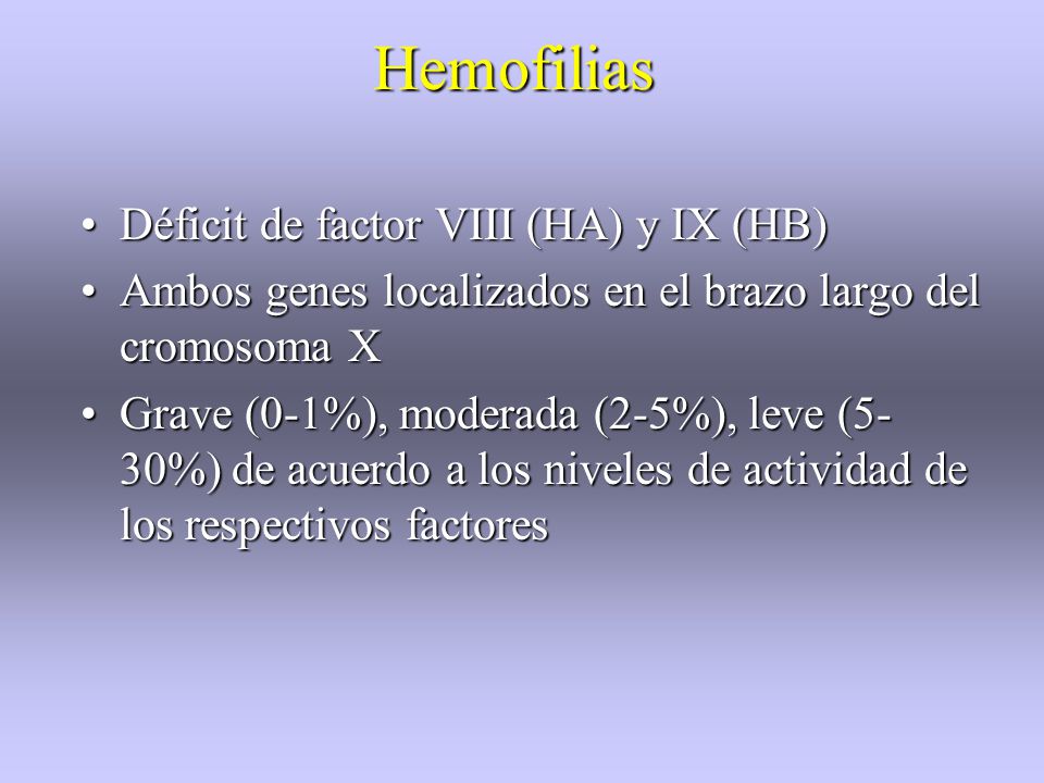 Hemofilias Déficit de factor VIII (HA) y IX (HB)