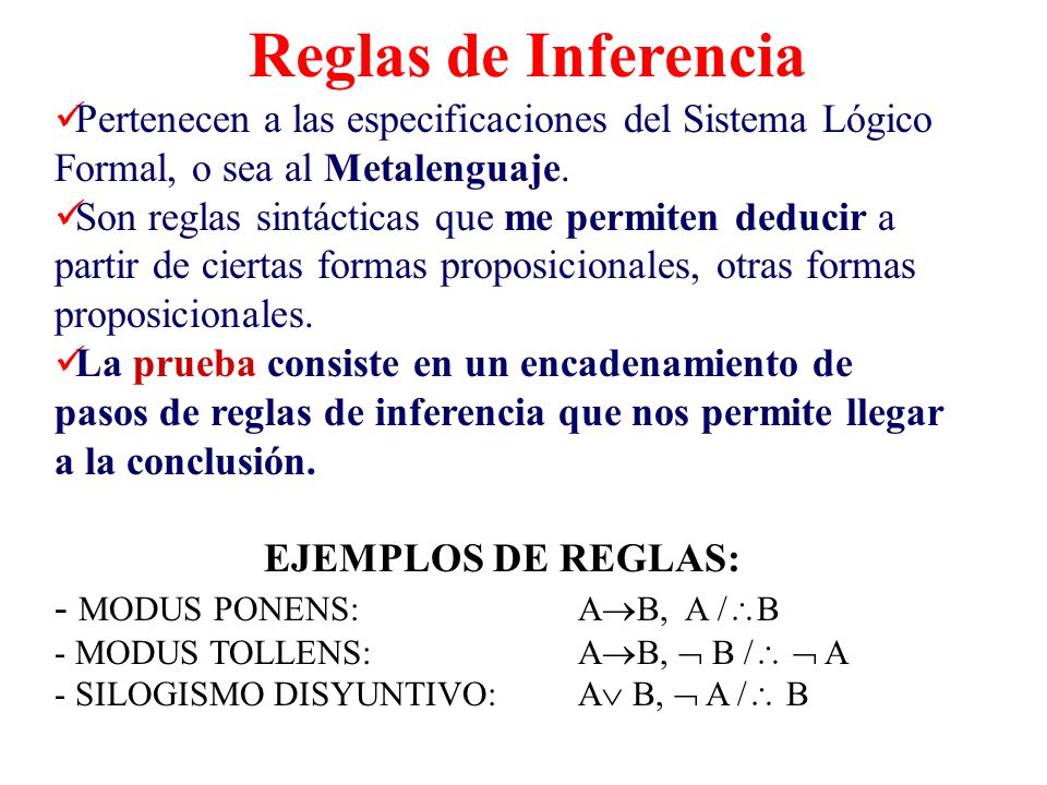Reglas de Inferencia Pertenecen a las especificaciones del Sistema Lógico Formal, o sea al Metalenguaje.