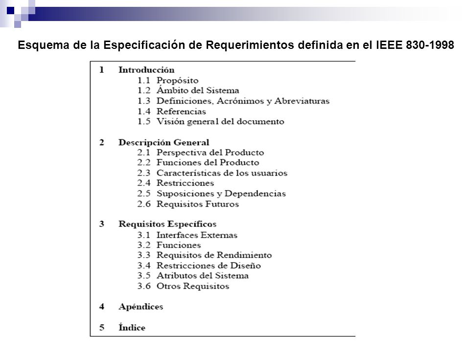 Esquema de la Especificación de Requerimientos definida en el IEEE