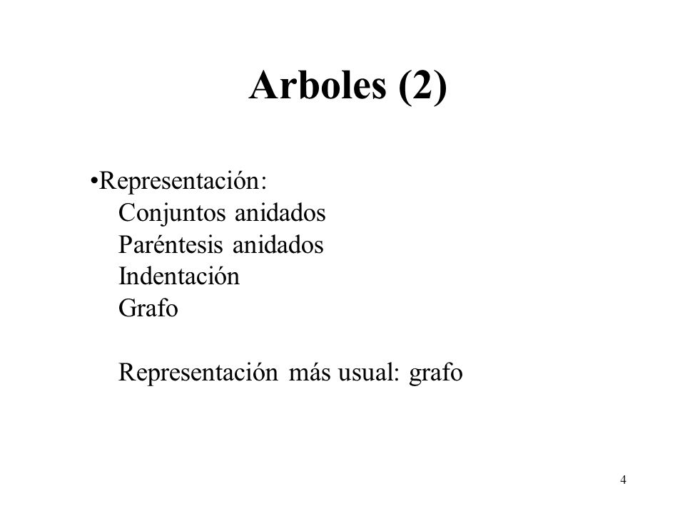 Arboles (2) Representación: Conjuntos anidados Paréntesis anidados