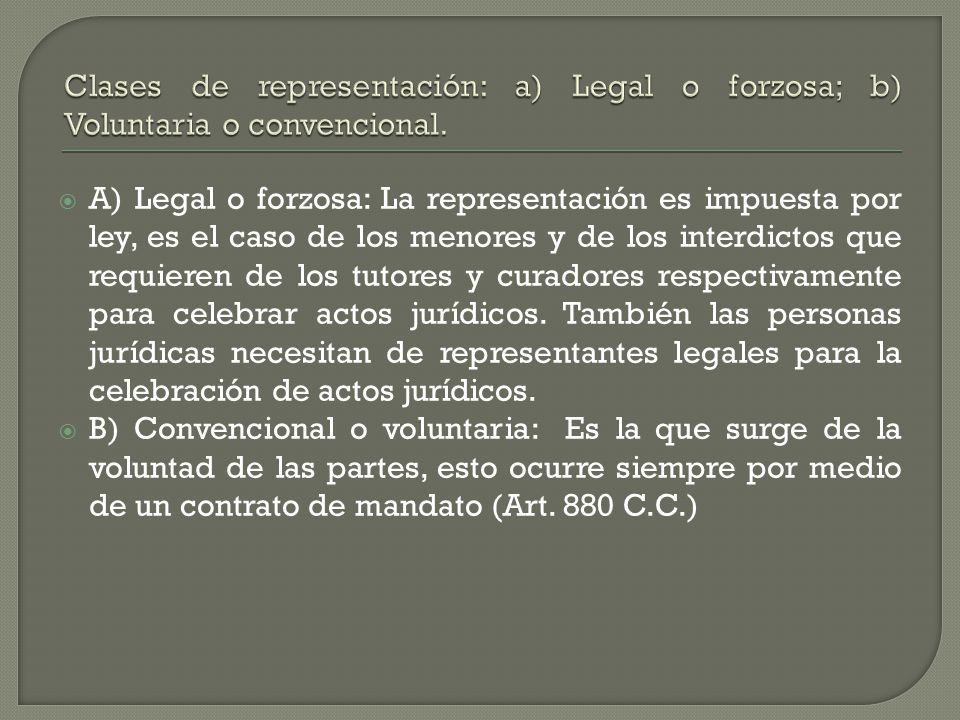 Clases de representación: a) Legal o forzosa; b) Voluntaria o convencional.