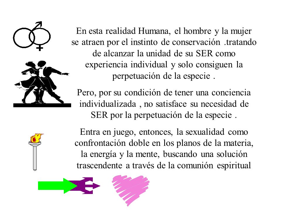 En esta realidad Humana, el hombre y la mujer se atraen por el instinto de conservación .tratando de alcanzar la unidad de su SER como experiencia individual y solo consiguen la perpetuación de la especie .
