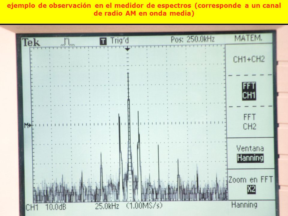 ejemplo de observación en el medidor de espectros (corresponde a un canal de radio AM en onda media)