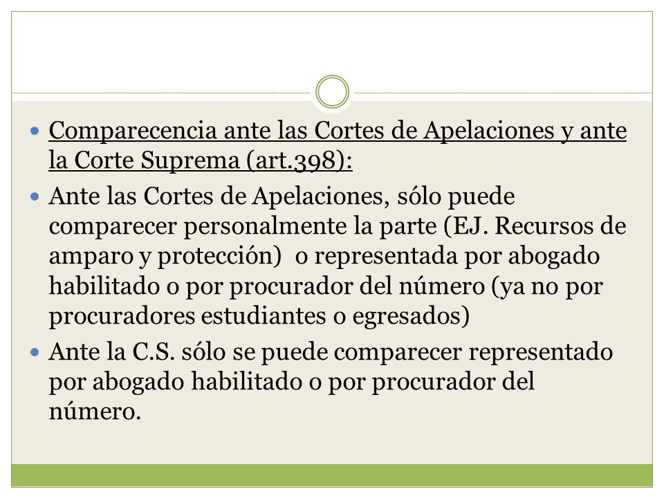 Comparecencia ante las Cortes de Apelaciones y ante la Corte Suprema (art.398):