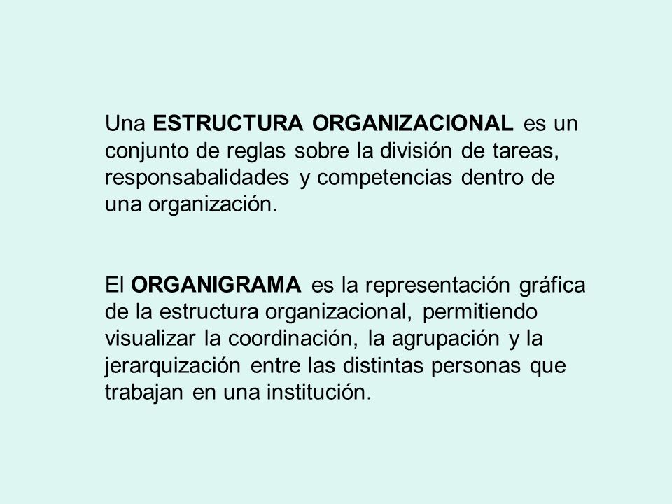Una ESTRUCTURA ORGANIZACIONAL es un conjunto de reglas sobre la división de tareas, responsabalidades y competencias dentro de una organización.