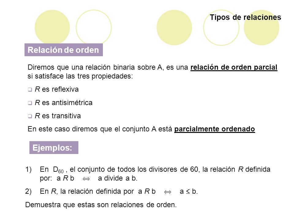 Relación de orden Ejemplos: Tipos de relaciones