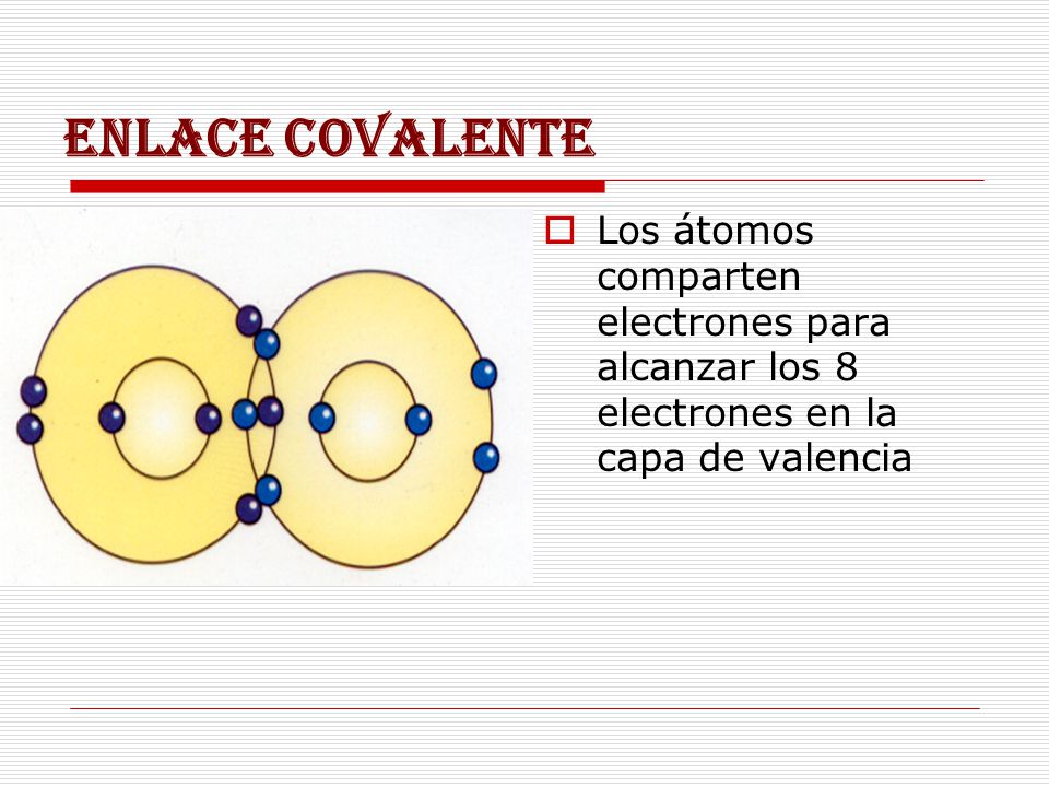 Enlace covalente Los átomos comparten electrones para alcanzar los 8 electrones en la capa de valencia.