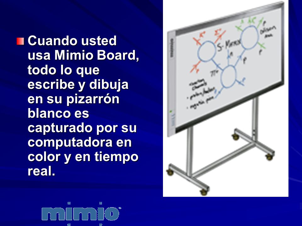 Cuando usted usa Mimio Board, todo lo que escribe y dibuja en su pizarrón blanco es capturado por su computadora en color y en tiempo real.