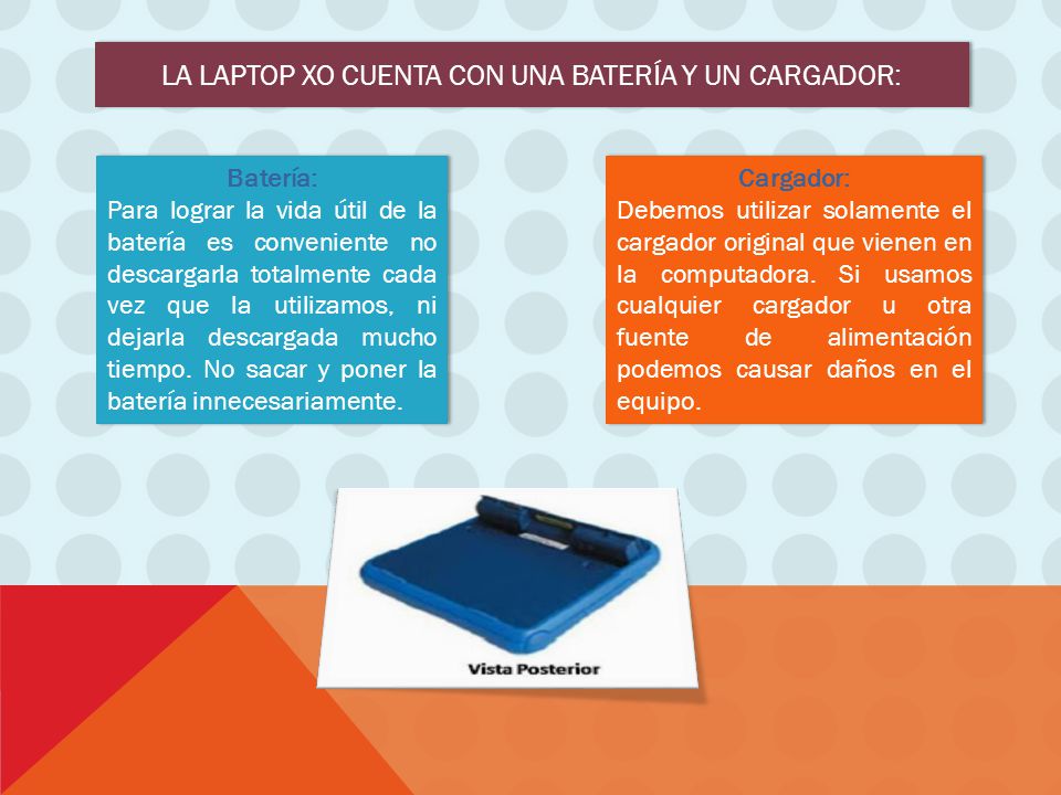 La laptop XO cuenta con una batería y un cargador: